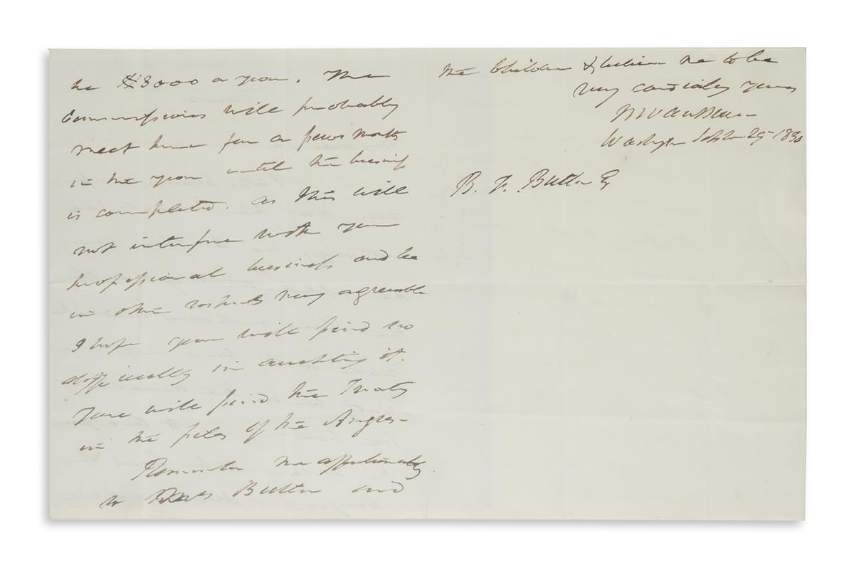 VAN BUREN, MARTIN. Autograph Letter Signed, MVanBuren, as Secretary of State, to law partner Benjamin F. Butler,